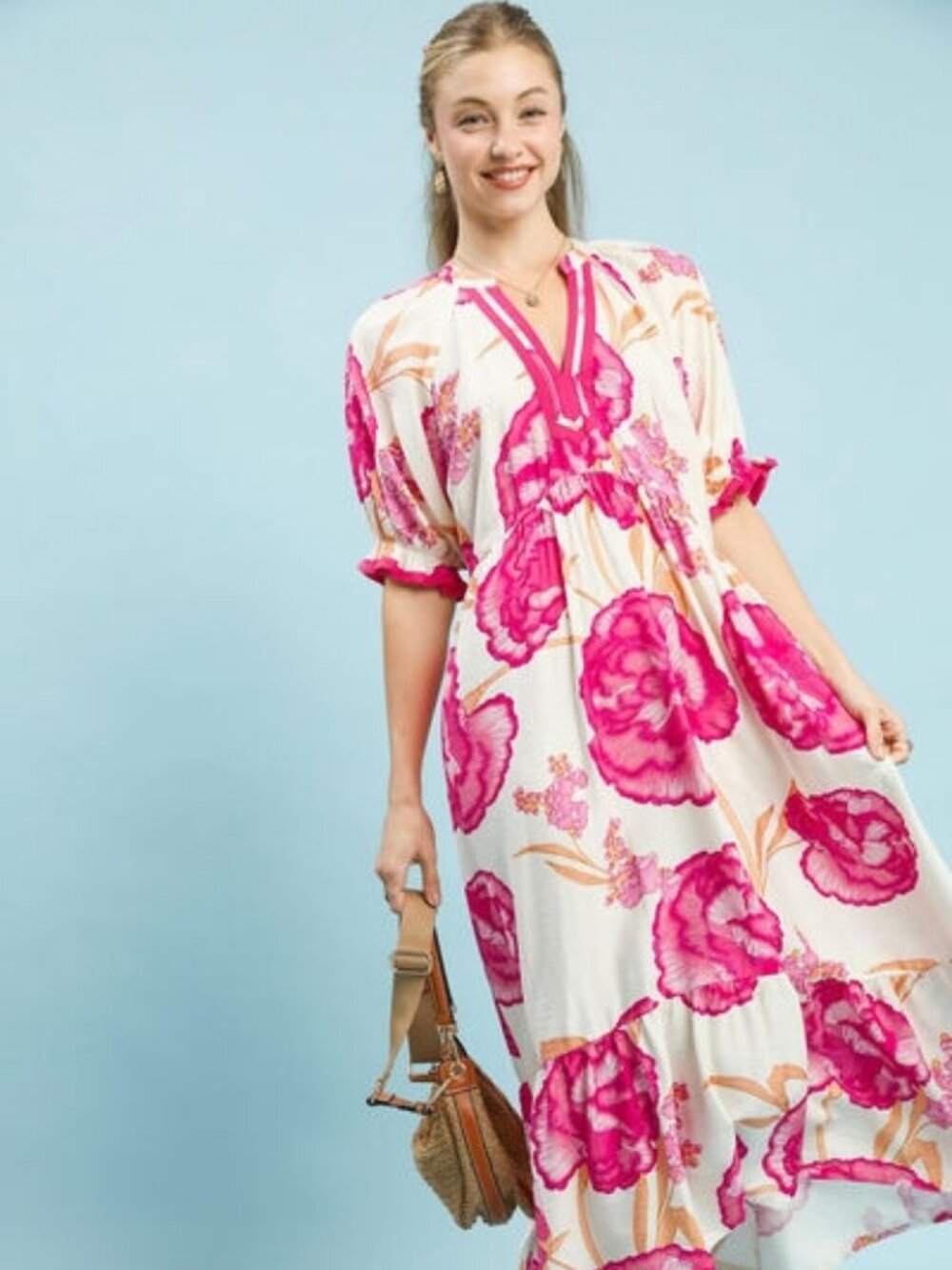 Floral Print Midi Dress Women Contrast Trim Elegant Casual Dress - Picture 3 of 5